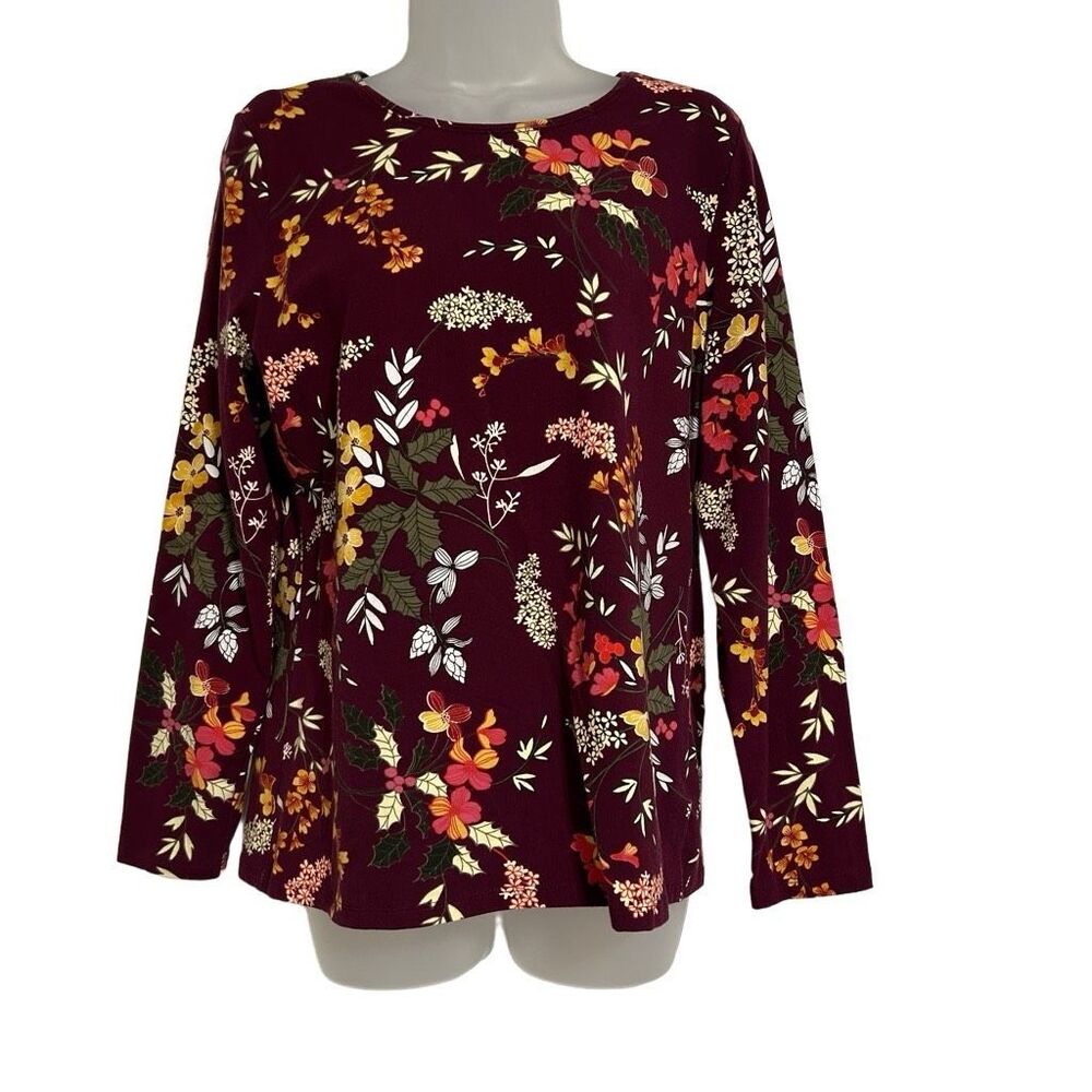 Talbots Blouse Women's Petite Large Long-Sleeve Floral Print Boat Neck